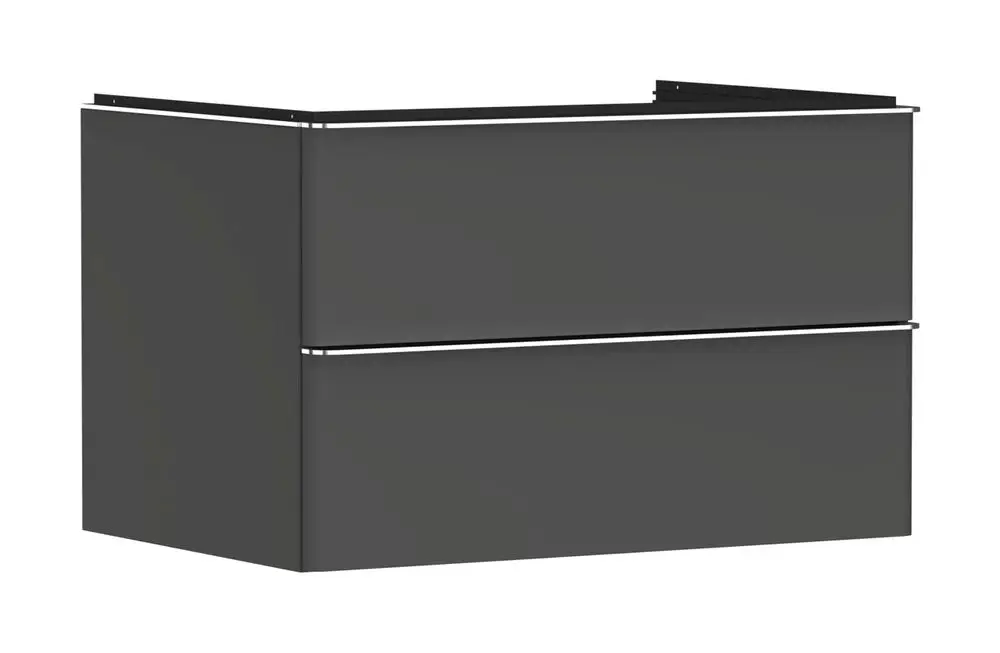 Hansgrohe Waschtischunterschrank in dunkler Farbe mit zwei Schubkästen, geeignet für den Einsatz unter einem Aufsatzwaschtisch.